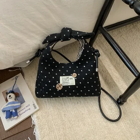 Dames Polka Dot Schoudertas Met Strikhandvat Zoete Cartoon Patch Kleine Handtas PU-Leer Vilt Crossbodytas Dagelijkse Draagzak