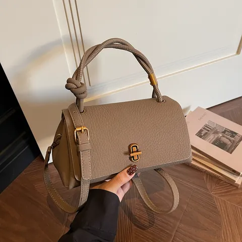 Bolso de Mano de Cuero PU para Mujer Minimalista Urbano Elegante Asa con Nudo Patrón de Lichi Bolso Bandolera con Cierre Dorado