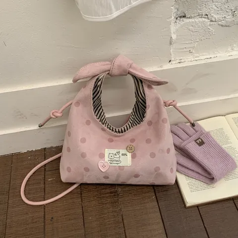 Dames Polka Dot Schoudertas Met Strikhandvat Zoete Cartoon Patch Kleine Handtas PU-Leer Vilt Crossbodytas Dagelijkse Draagzak
