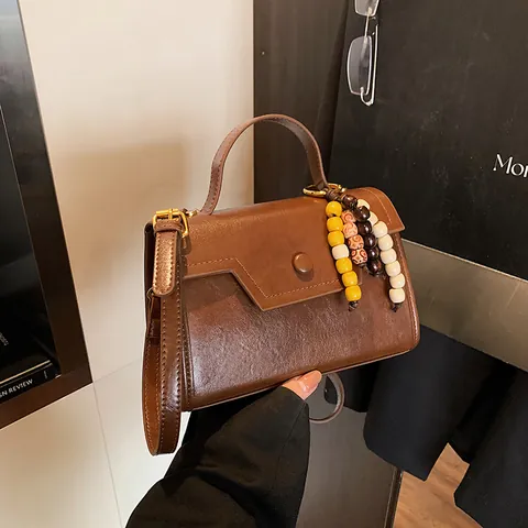 Retro PU Leather Small Square Bag For Women Vintage Shoulder Crossbody Handbag With Colorful Beaded Pendant Adjustable Strap