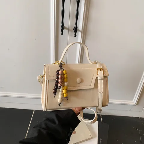 Retro PU Leather Small Square Bag For Women Vintage Shoulder Crossbody Handbag With Colorful Beaded Pendant Adjustable Strap