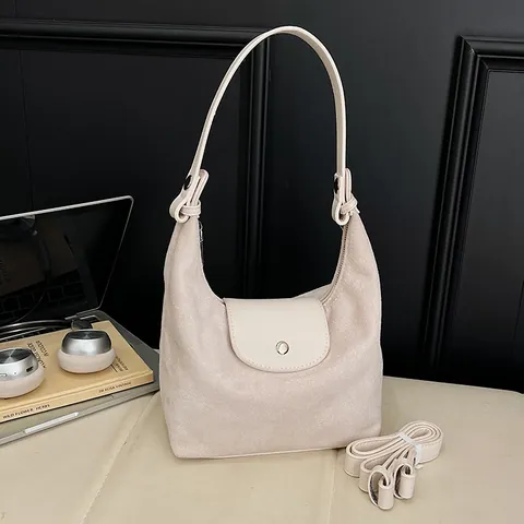 Vintage Suede Hobo Bag For Women Minimalist Dumpling Shoulder Bag Retro Crossbody Purse With Leather Flap Snap Button