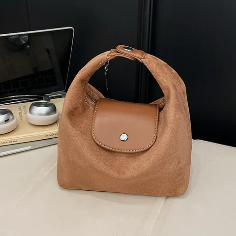 Vintage Suede Hobo Bag For Women Minimalist Dumpling Shoulder Bag Retro Crossbody Purse With Leather Flap Snap Button