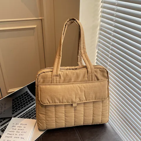 Large Capacity Quilted Padded Nylon Computer Tote Bag For Women Business Commute Shoulder Handbag With Multi Pockets Solid Color