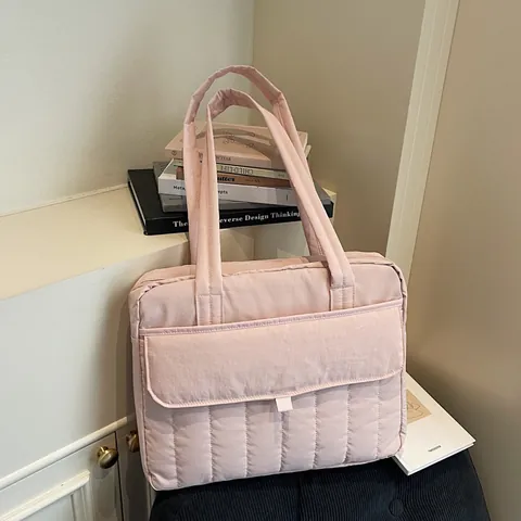 Large Capacity Quilted Padded Nylon Computer Tote Bag For Women Business Commute Shoulder Handbag With Multi Pockets Solid Color