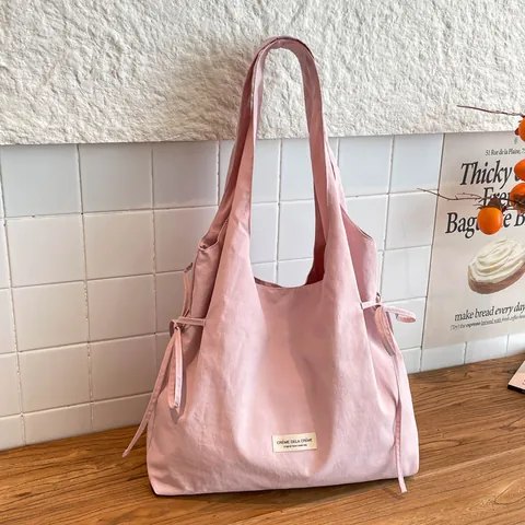Borsa Tote da Donna in Tela di Grande Capacità Con Coulisse Laterale e Fiocco Borsa a Tracolla Casual Minimalista Coreana
