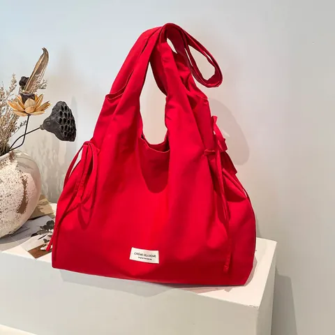 Borsa Tote da Donna in Tela di Grande Capacità Con Coulisse Laterale e Fiocco Borsa a Tracolla Casual Minimalista Coreana