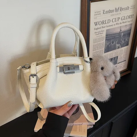 Women Fashion Litchi Grain PU Leather Bucket Bag With Metal Turn-Lock Pleated Design Detachable Strap Shoulder Crossbody Bag