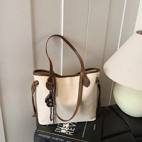 Bolso Tote de Gran Capacidad para Mujer de Cuero PU Vintage Bolso de Hombro Minimalista de Contraste para Oficina y Diario