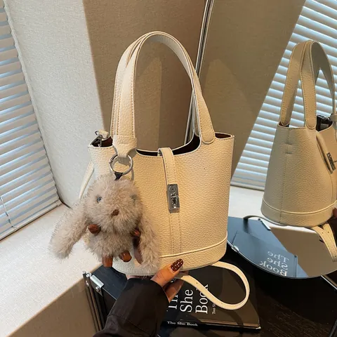 Women Lychee Grain PU Leather Bucket Bag Set With Inner Pouch Metal Lock Crossbody Shoulder Handbag Rabbit Charm Accessories