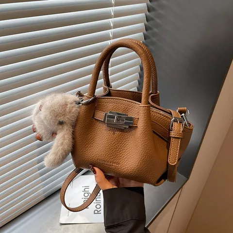 Women Fashion Litchi Grain PU Leather Bucket Bag With Metal Turn-Lock Pleated Design Detachable Strap Shoulder Crossbody Bag