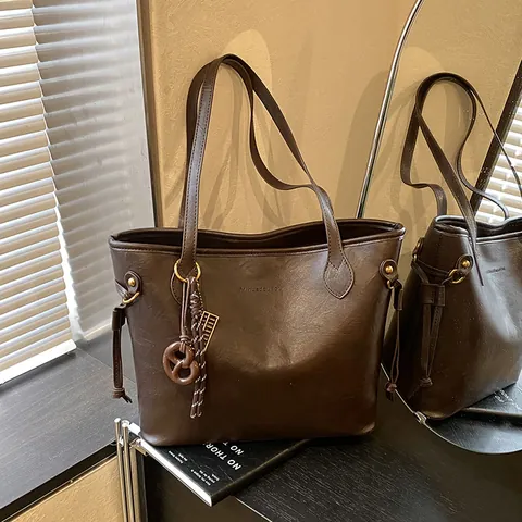 Bolso Tote de Gran Capacidad para Mujer de Cuero PU Vintage Bolso de Hombro Minimalista de Contraste para Oficina y Diario