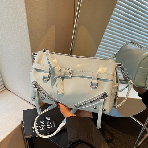 Women Shiny PU Leather Motorcycle Shoulder Bag Fashion Metal Zipper Belt Decoration Crossbody Bag Y2K Punk Style Daily Handbag