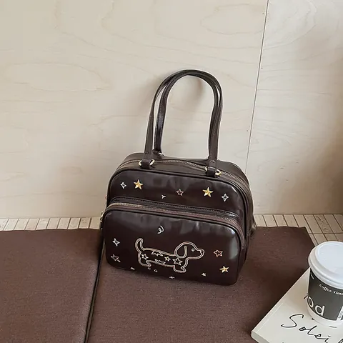 Borsa a Tracolla Vintage in Pelle PU Lucida Con Ricamo Cane Bassotto E Stella Borsa a Tracolla Multistrato da Donna Moda