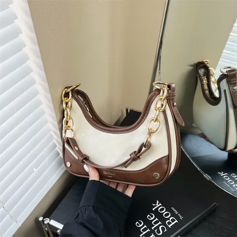 Bolso Hobo Retro para Mujer Color en Contraste Cuero PU Media Luna Bolso de Hombro Cadena Dorada Vintage de Axila Crossbody