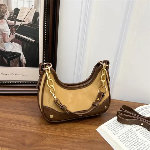 Bolso Hobo Retro para Mujer Color en Contraste Cuero PU Media Luna Bolso de Hombro Cadena Dorada Vintage de Axila Crossbody