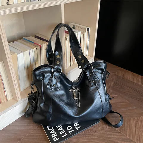 Vintage Gothic Large Tote Bag For Women PU Leather Cross Charm Chain Rivet Shoulder Bag Fashion Commute Top Handle Bag