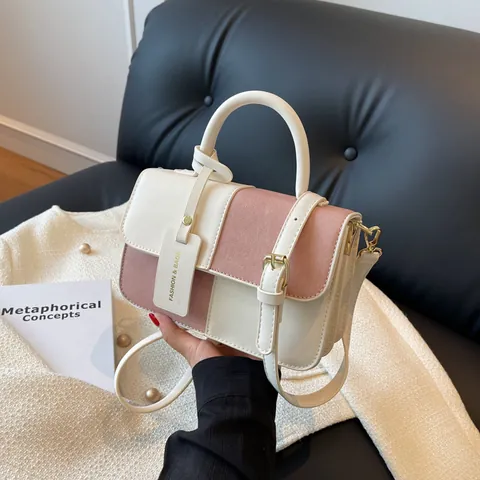 Women Splicing Color-block Crossbody Bag Retro PU Leather Handbag With Top Handle Adjustable Strap Square Satchel Bag