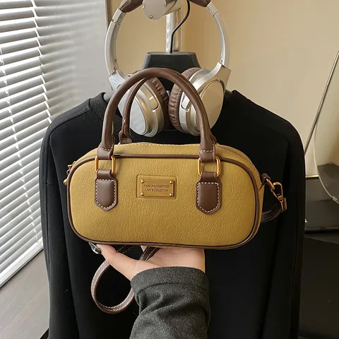 Vintage PU Leather Boston Handbag For Women Retro Bowling Crossbody Bag Minimalist Small Pillow Bag With Plush Charm Shoulder Bag
