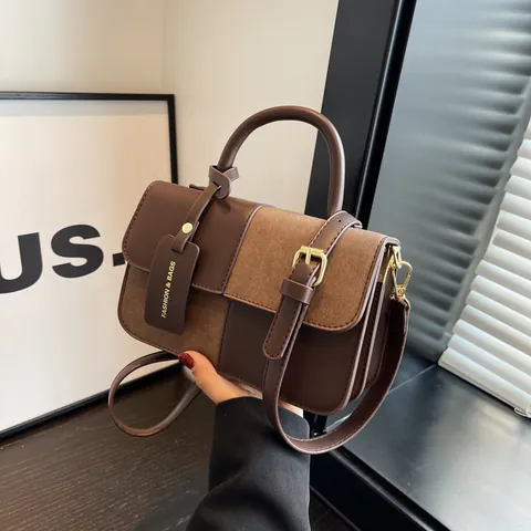 Women Splicing Color-block Crossbody Bag Retro PU Leather Handbag With Top Handle Adjustable Strap Square Satchel Bag