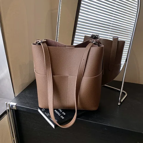 Damen Große Kapazität Eimertasche Minimalistisch Litschi-Textur PU Leder Schultertasche Mit Passender Tasche Mode Tote Bag