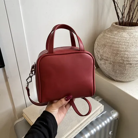Minimalist PU Leather Small Square Handbag For Women Solid Color Casual Top Handle Crossbody Bag With Shoulder Strap