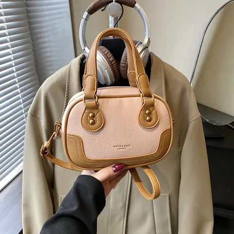 Women Vintage Small Boston Bag Minimalist PU Leather Color Block Shoulder Crossbody Bag Casual Daily Handbag With Plush Charm