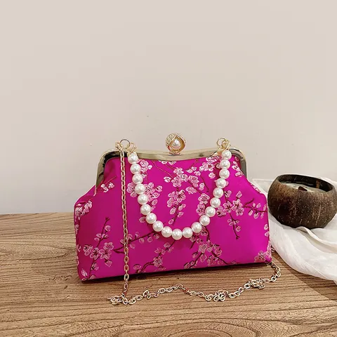 Vintage Chinese Style Embroidered Satin Handbag For Women Pearl Handle Gold Frame Clasp Evening Clutch Crossbody Bag