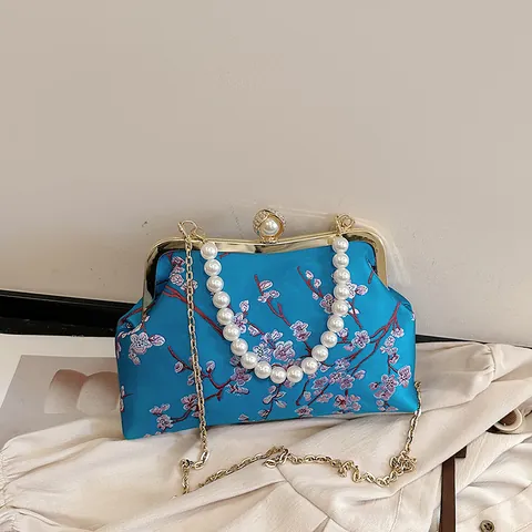 Vintage Chinese Style Embroidered Satin Handbag For Women Pearl Handle Gold Frame Clasp Evening Clutch Crossbody Bag