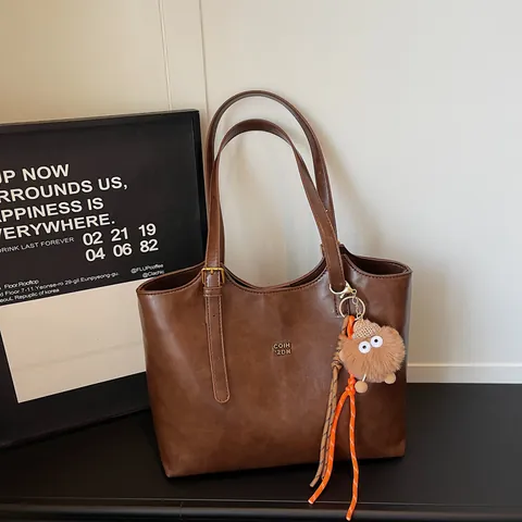 Large Capacity PU Leather Tote Bag For Women Solid Color Commute Shoulder Bag With Plush Monster Pendant Handbag Purse