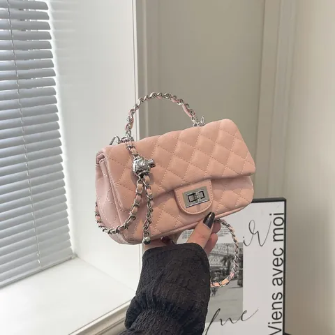 Elegant Women Quilted Diamond Chain Shoulder Bag PU Leather Crossbody Bag Square Lock Flap Handbag For Daily Work Travel