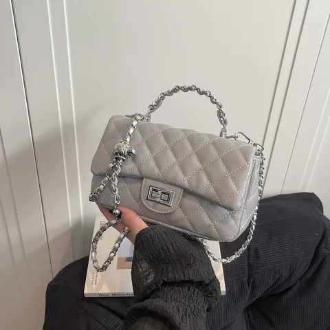 Elegant Women Quilted Diamond Chain Shoulder Bag PU Leather Crossbody Bag Square Lock Flap Handbag For Daily Work Travel
