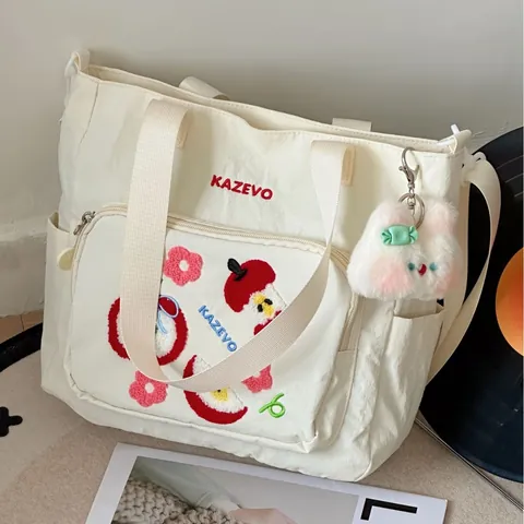 Sac Cabas en Nylon Brodé Pomme de Dessin Animé Kawaii pour Femmes Style Japonais Grande Capacité Sac Bandoulière École Voyage