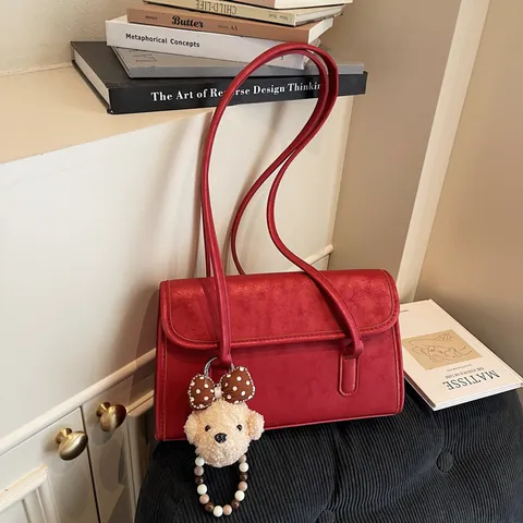 Borsa Sottobraccio in Pelle PU da Donna Tinta Unita Minimalista Con Patta Tracolla Orsetto Pendente Handbag Casual Pendolare