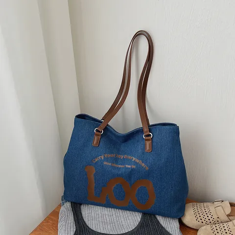 Vintage Γυναικεία Τσάντα Tote Μεγάλης Χωρητικότητας από Καμβά Ντένιμ Με Γράμματα Σύνδεση Τσάντα Ώμου για Μετακίνηση Σχολείο Καθημερινή