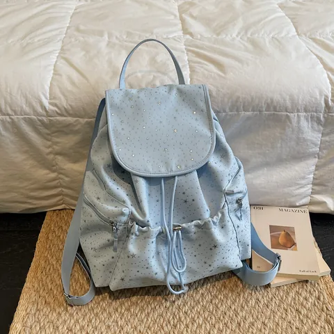Mochila de Lona con Estampado de Estrellas para Mujer Mochila Ligera con Cordón y Solapa con Bolsillos Laterales con Cremallera Bolsa de Escuela Casual para Viaje Diario