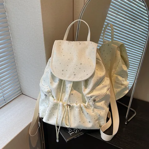 Mochila de Lona con Estampado de Estrellas para Mujer Mochila Ligera con Cordón y Solapa con Bolsillos Laterales con Cremallera Bolsa de Escuela Casual para Viaje Diario