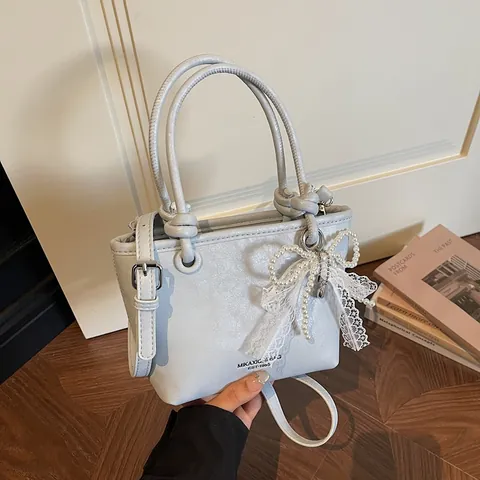 Elegante Borsa a Mano in Pelle PU da Donna Tracolla Retrò Con Fiocco in Pizzo Ciondolo di Perle Piccola Borsa Quadrata Moda