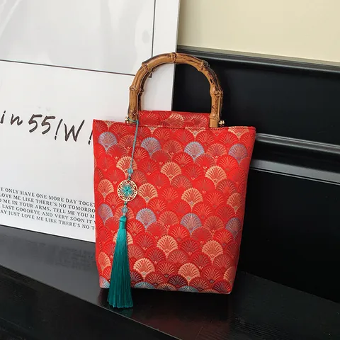 New Chinese Style Jacquard Tote Bag With Retro Bamboo Handle Satin Fabric Fan Pattern Women Handbag Elegant Tassel Pendant Purse