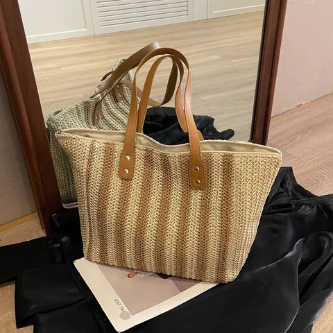 Gestreifte Strohtasche Für Damen Mit Großem Fassungsvermögen Gewebte Strandtasche Mit PU Ledergriff Reißverschluss Schultertasche