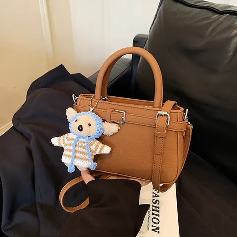 Borsa Piccola Quadrata in Pelle PU Con Motivo Litchi Per Donna Borsa a Mano Tracolla Versatile Con Pendente a Orsetto