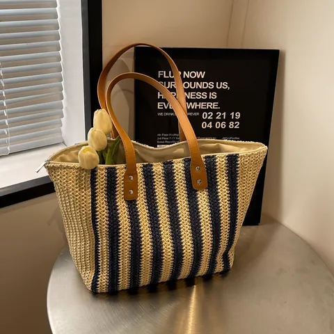 Gestreifte Strohtasche Für Damen Mit Großem Fassungsvermögen Gewebte Strandtasche Mit PU Ledergriff Reißverschluss Schultertasche