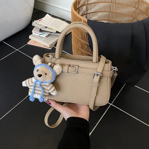 Borsa Piccola Quadrata in Pelle PU Con Motivo Litchi Per Donna Borsa a Mano Tracolla Versatile Con Pendente a Orsetto