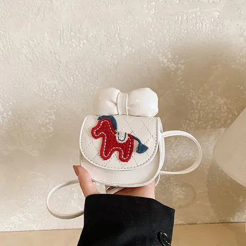 Mini Kids PU Leder Crossbodytas Met Gewatteerde Strik Paarden Borduurwerk Kleine Cartoon Messenger Bag Voor Meisjes Vrouwen Portemonnee