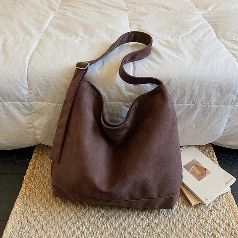 Women Large Capacity Suede Tote Bag Minimalist Urban Shoulder Satchel Retro Suede Fabric Slouchy Hobo Bag For Daily Commuting
