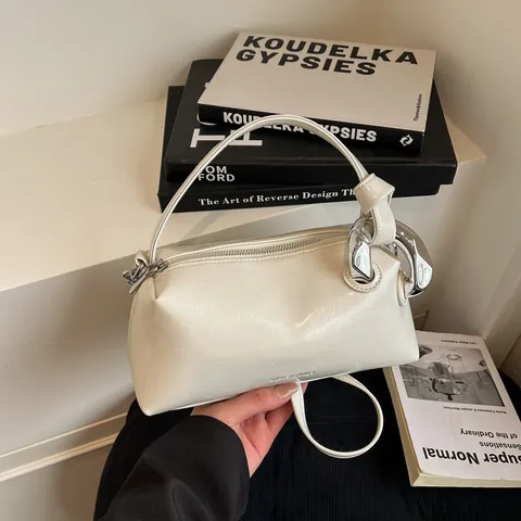Women Fashion Shiny PU Leather Shoulder Bag Elegant Commuting Crossbody Handbag With Metal Ring Decor For Daily Office