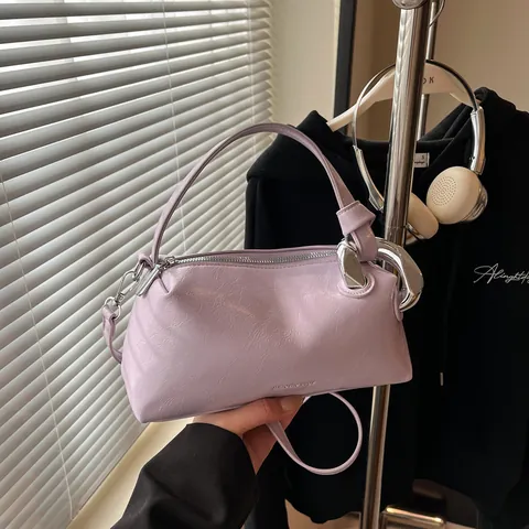 Women Fashion Shiny PU Leather Shoulder Bag Elegant Commuting Crossbody Handbag With Metal Ring Decor For Daily Office