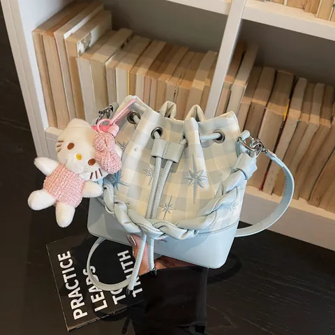 Women Urban Minimalist Bucket Bag PU Leather Checkered Fabric Star Embroidery Patchwork Woven Handle Drawstring Shoulder Bag