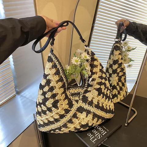Borsa a Tracolla in Paglia Intrecciata da Donna Grande Capacità Boho Vacanza Tote Bag Crochet Con Tracolla in Pelle PU