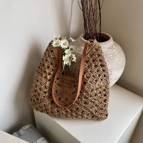 Borsa a Tracolla in Paglia Intrecciata da Donna Grande Capacità Boho Vacanza Tote Bag Crochet Con Tracolla in Pelle PU